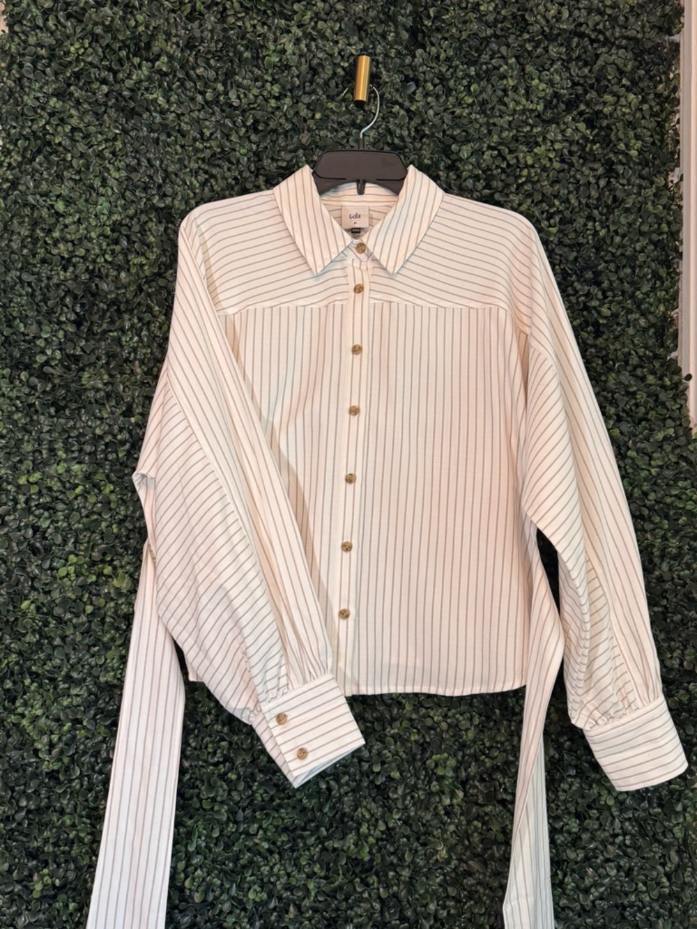 Cabi Tie-Front Striped Button-Up Shirt - White with Thin Taupe Stripes - Picture 2 of 5